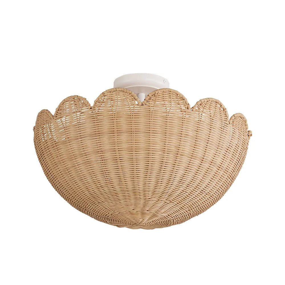 Semi Flush Mount Ceiling Light with a Scalloped Tulip Rattan Shade and Two E26 Sockets for Indoor Spaces