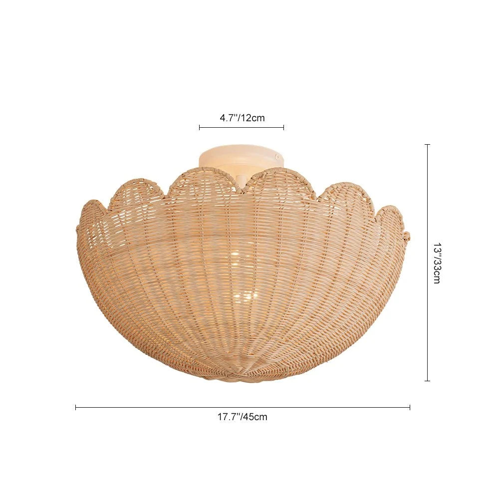 Semi Flush Mount Ceiling Light with a Scalloped Tulip Rattan Shade and Two E26 Sockets for Indoor Spaces