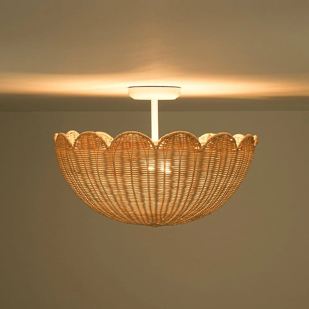 Semi Flush Mount Ceiling Light with a Scalloped Tulip Rattan Shade and Two E26 Sockets for Indoor Spaces