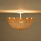 Semi Flush Mount Ceiling Light with a Scalloped Tulip Rattan Shade and Two E26 Sockets for Indoor Spaces