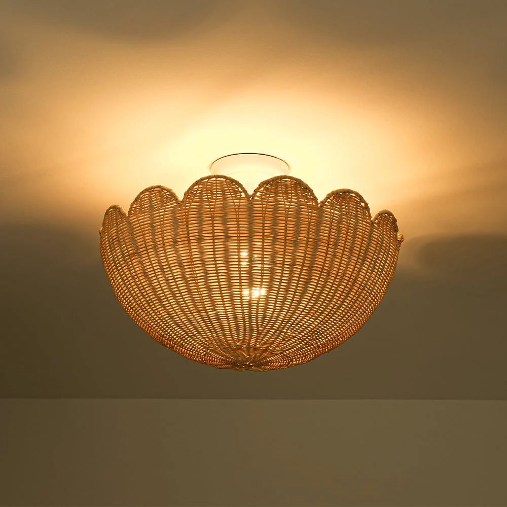 Semi Flush Mount Ceiling Light with a Scalloped Tulip Rattan Shade and Two E26 Sockets for Indoor Spaces