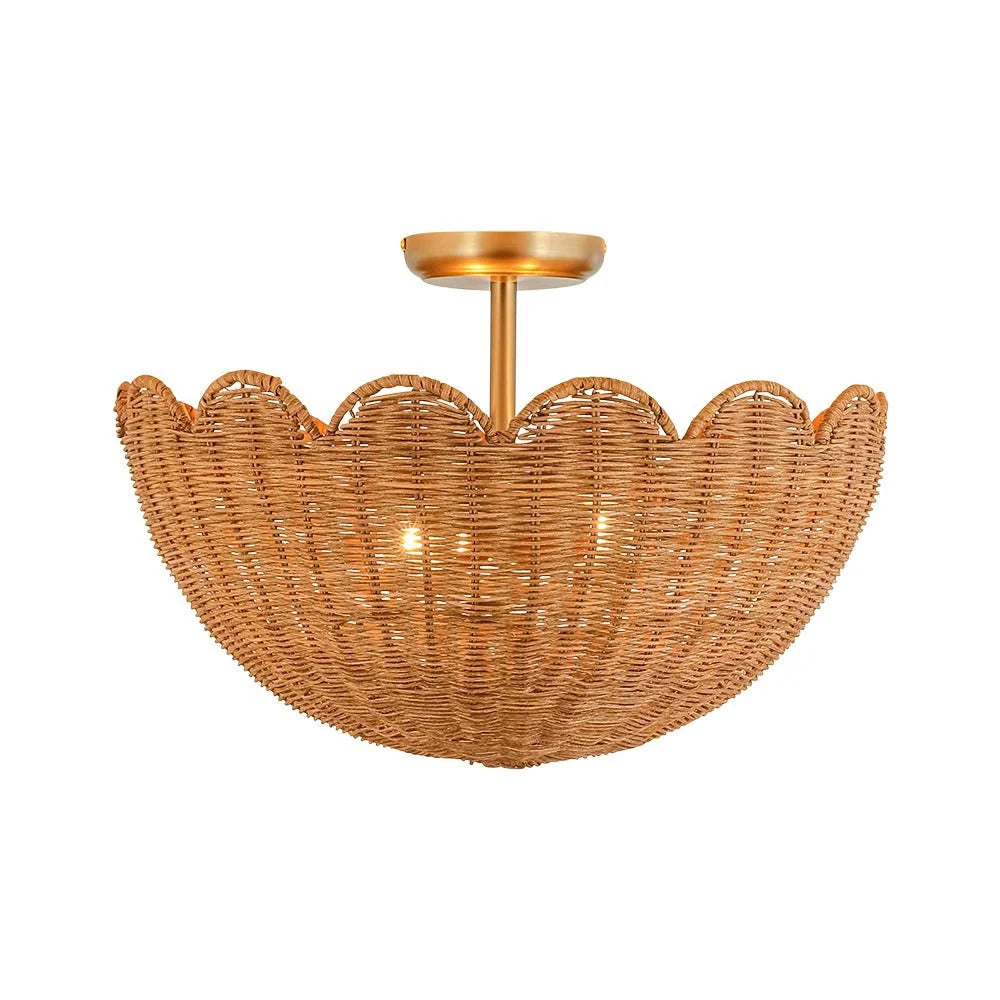 Semi Flush Mount Ceiling Light with a Scalloped Tulip Rattan Shade and Two E26 Sockets for Indoor Spaces