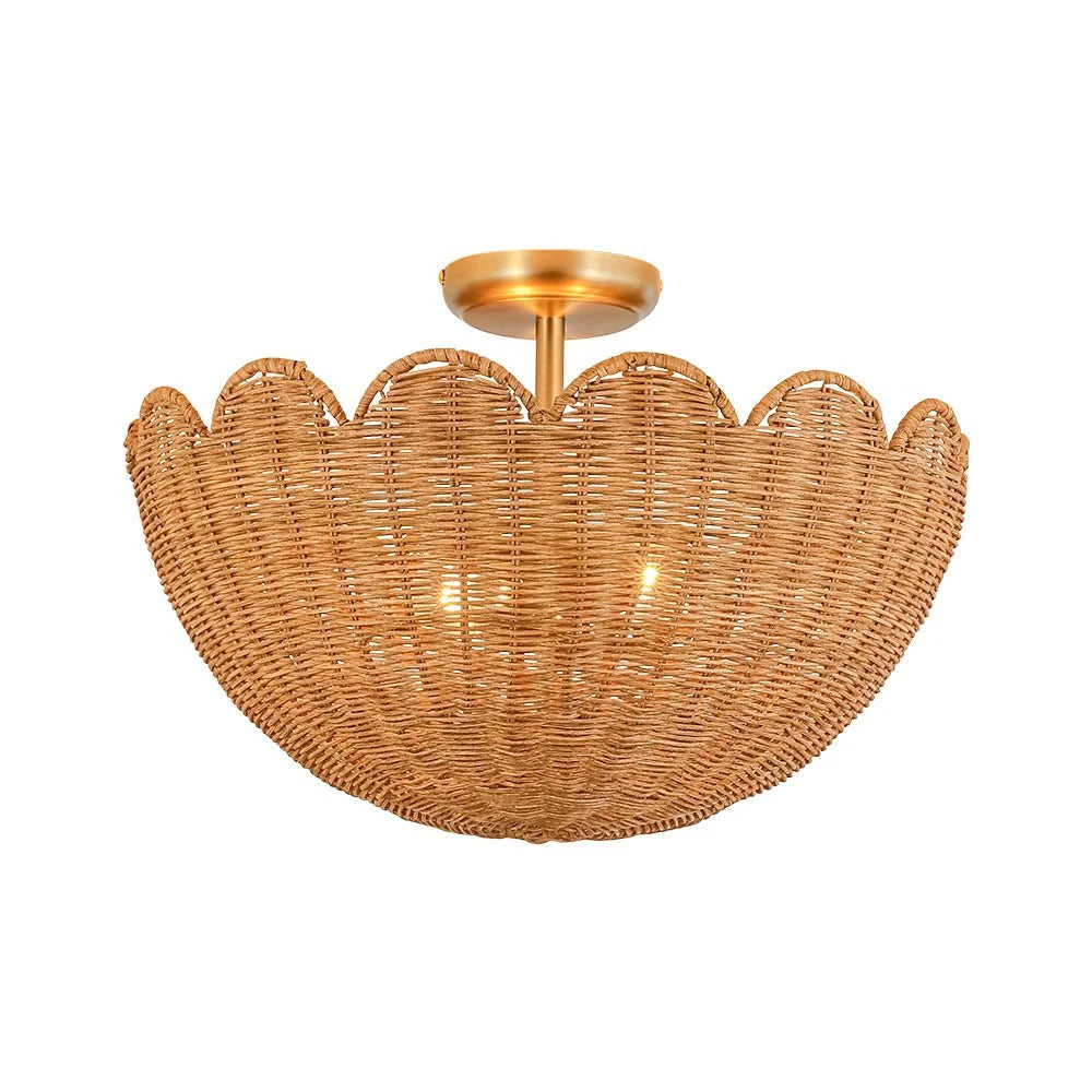 Semi Flush Mount Ceiling Light with a Scalloped Tulip Rattan Shade and Two E26 Sockets for Indoor Spaces