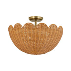 Semi Flush Mount Ceiling Light with a Scalloped Tulip Rattan Shade and Two E26 Sockets for Indoor Spaces