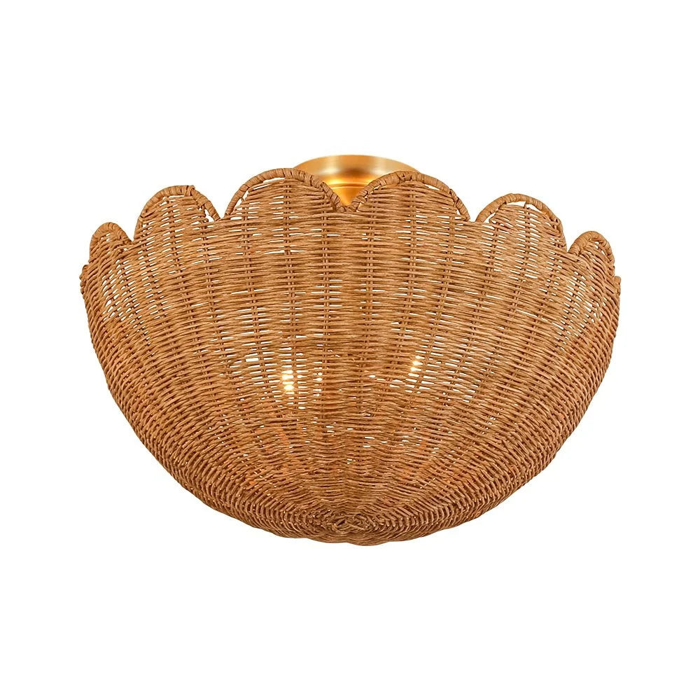 Semi Flush Mount Ceiling Light with a Scalloped Tulip Rattan Shade and Two E26 Sockets for Indoor Spaces
