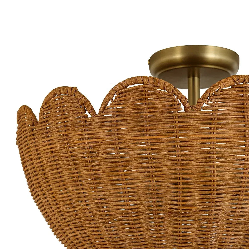 Semi Flush Mount Ceiling Light with a Scalloped Tulip Rattan Shade and Two E26 Sockets for Indoor Spaces