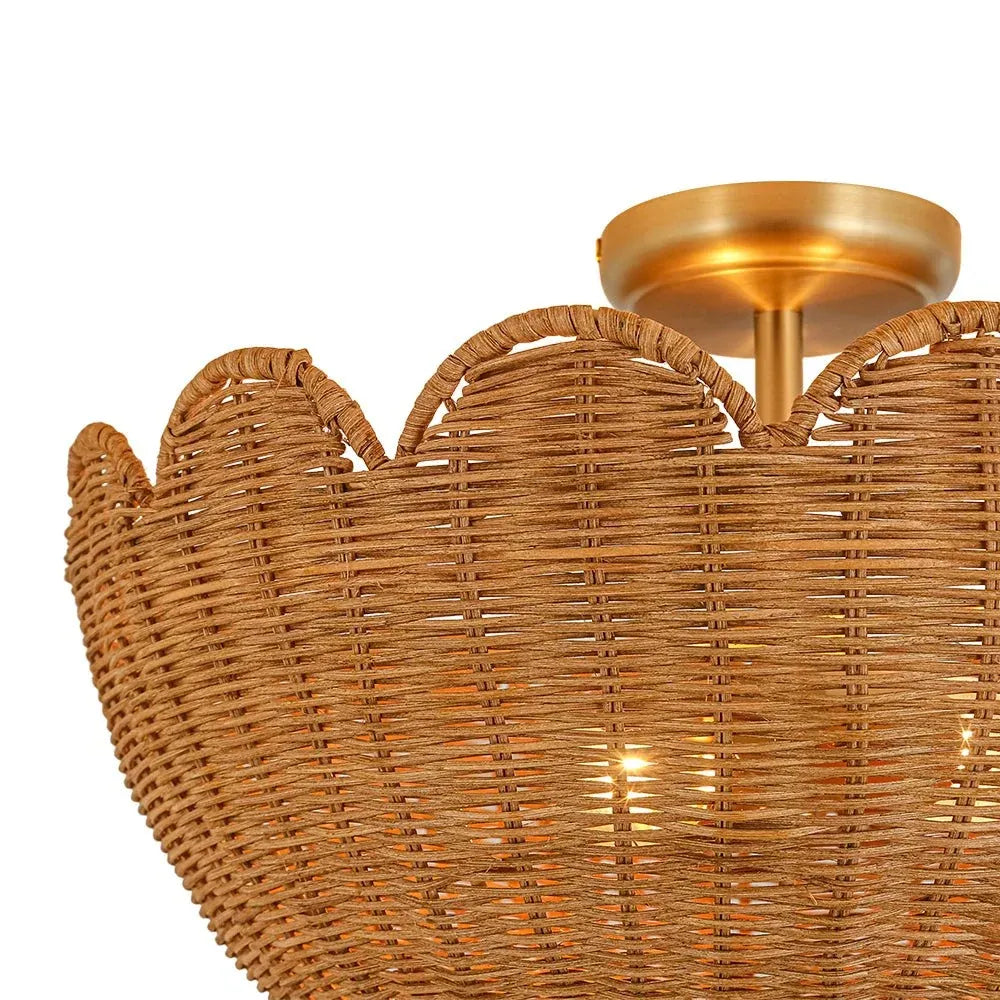 Semi Flush Mount Ceiling Light with a Scalloped Tulip Rattan Shade and Two E26 Sockets for Indoor Spaces