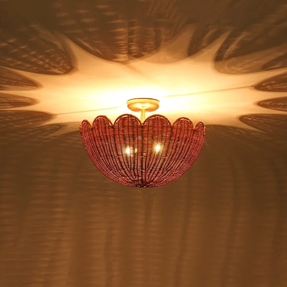 Semi Flush Mount Ceiling Light with a Scalloped Tulip Rattan Shade and Two E26 Sockets for Indoor Spaces