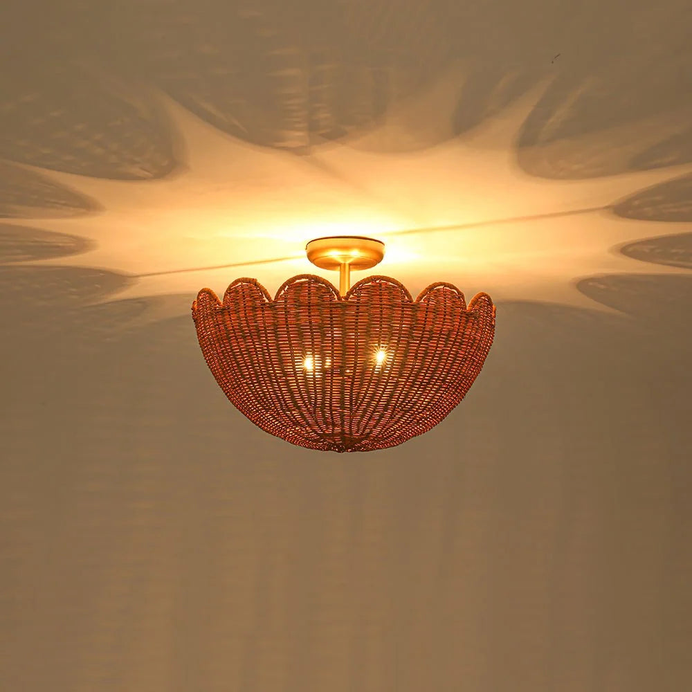 Semi Flush Mount Ceiling Light with a Scalloped Tulip Rattan Shade and Two E26 Sockets for Indoor Spaces