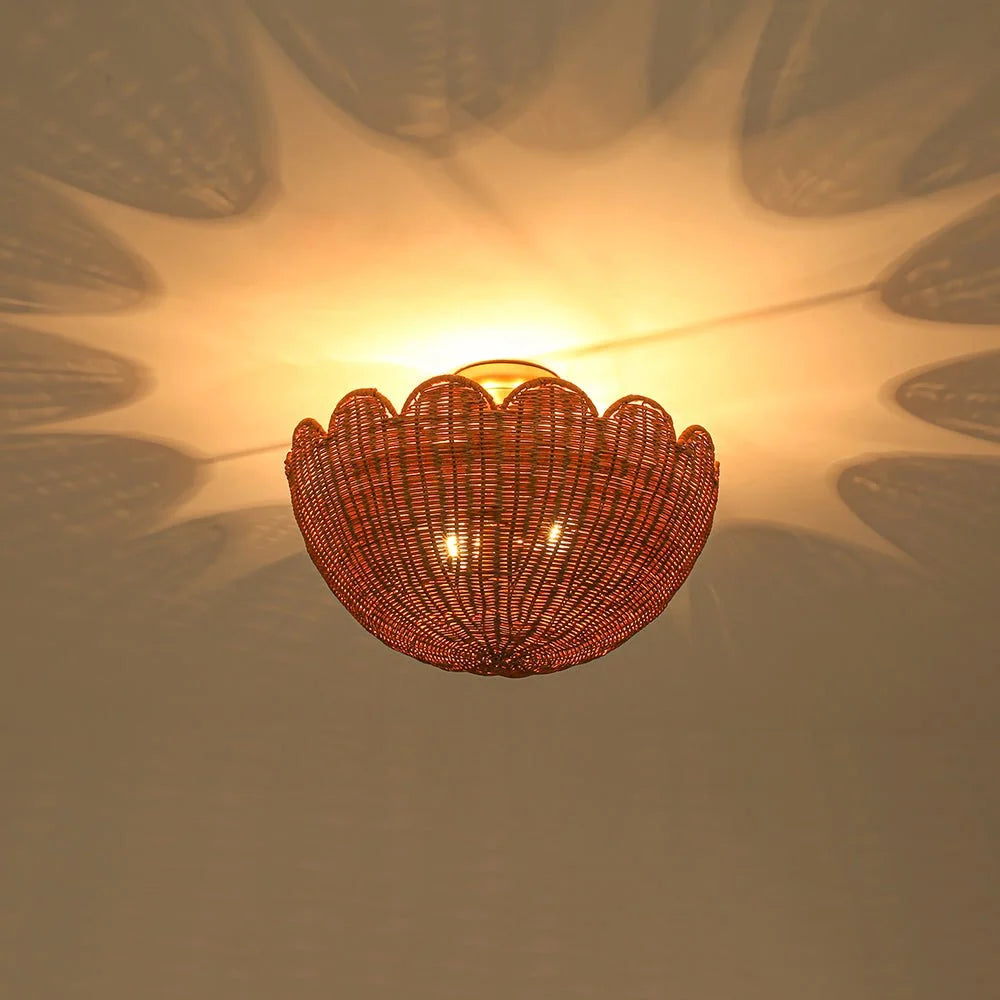 Semi Flush Mount Ceiling Light with a Scalloped Tulip Rattan Shade and Two E26 Sockets for Indoor Spaces