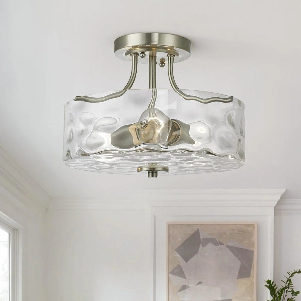 Semi Flush Mount Ceiling Light with Brushed Nickel Frame and Clear Hammered Glass Drum Shade
