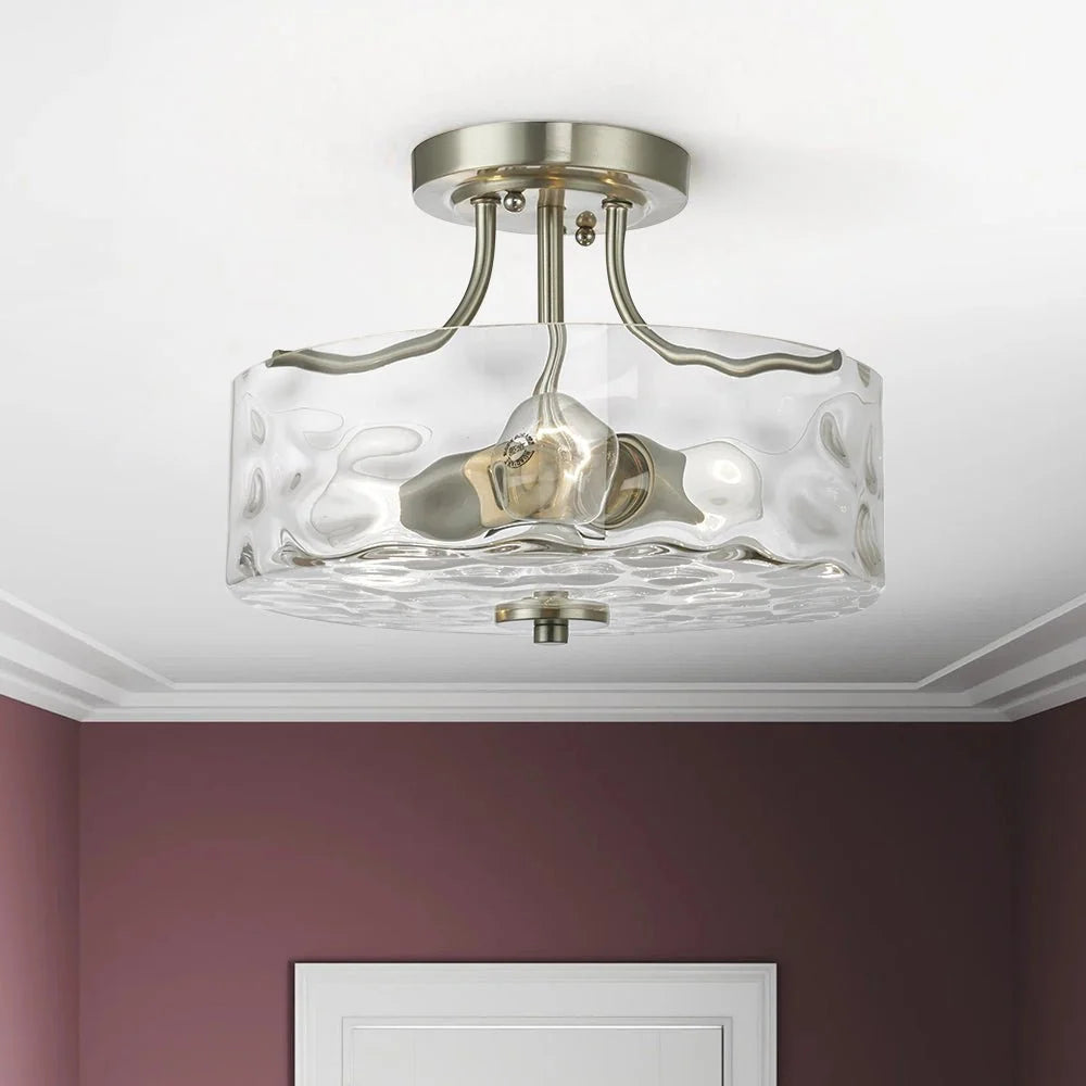 Semi Flush Mount Ceiling Light with Brushed Nickel Frame and Clear Hammered Glass Drum Shade