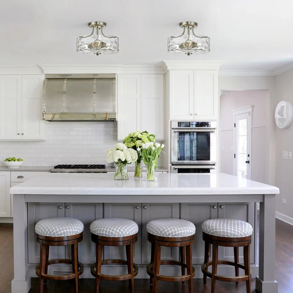 Semi Flush Mount Ceiling Light with Brushed Nickel Frame and Clear Hammered Glass Drum Shade