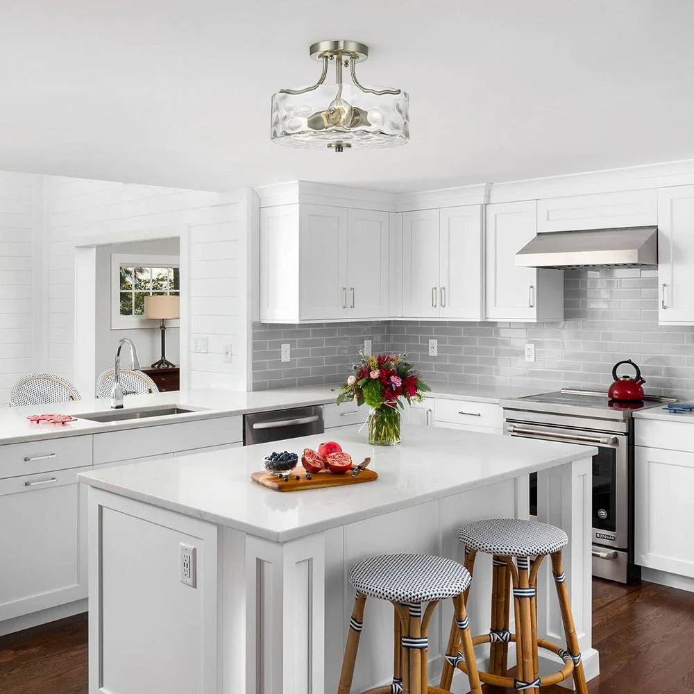 Semi Flush Mount Ceiling Light with Brushed Nickel Frame and Clear Hammered Glass Drum Shade