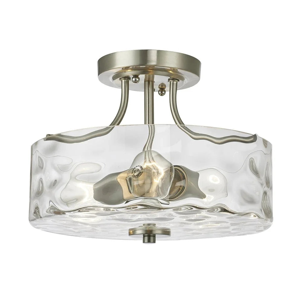 Semi Flush Mount Ceiling Light with Brushed Nickel Frame and Clear Hammered Glass Drum Shade