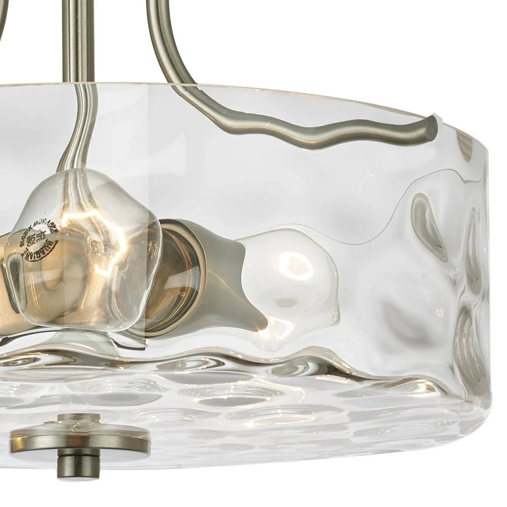 Semi Flush Mount Ceiling Light with Brushed Nickel Frame and Clear Hammered Glass Drum Shade