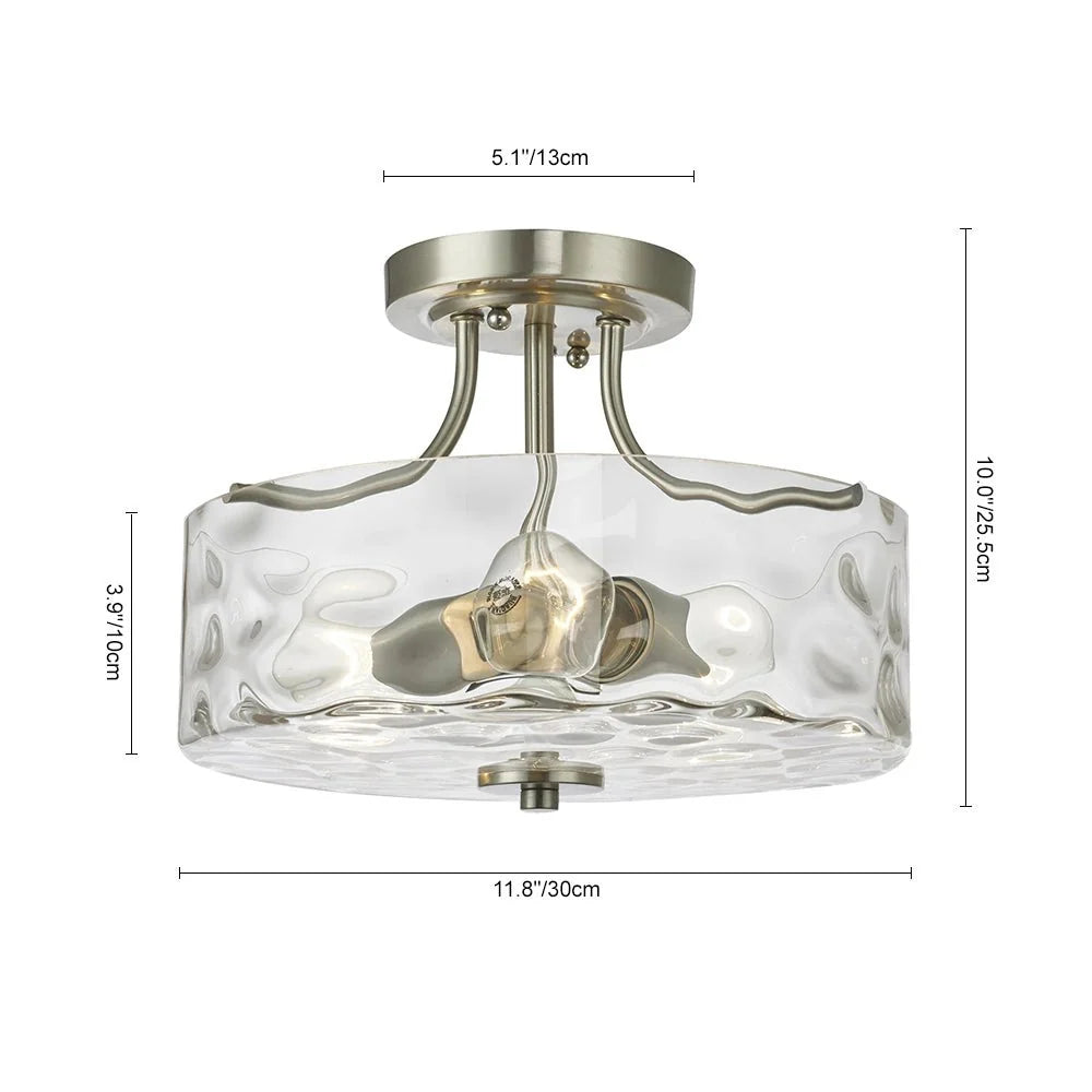 Semi Flush Mount Ceiling Light with Brushed Nickel Frame and Clear Hammered Glass Drum Shade