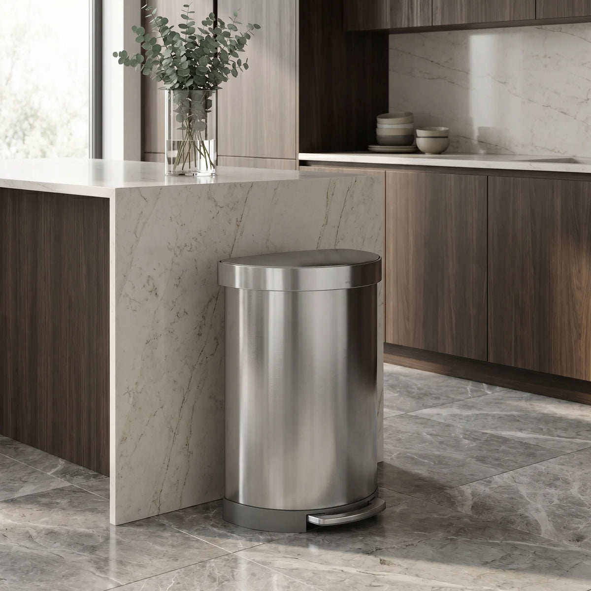 Semi-Round Stainless Steel Step Trash Can