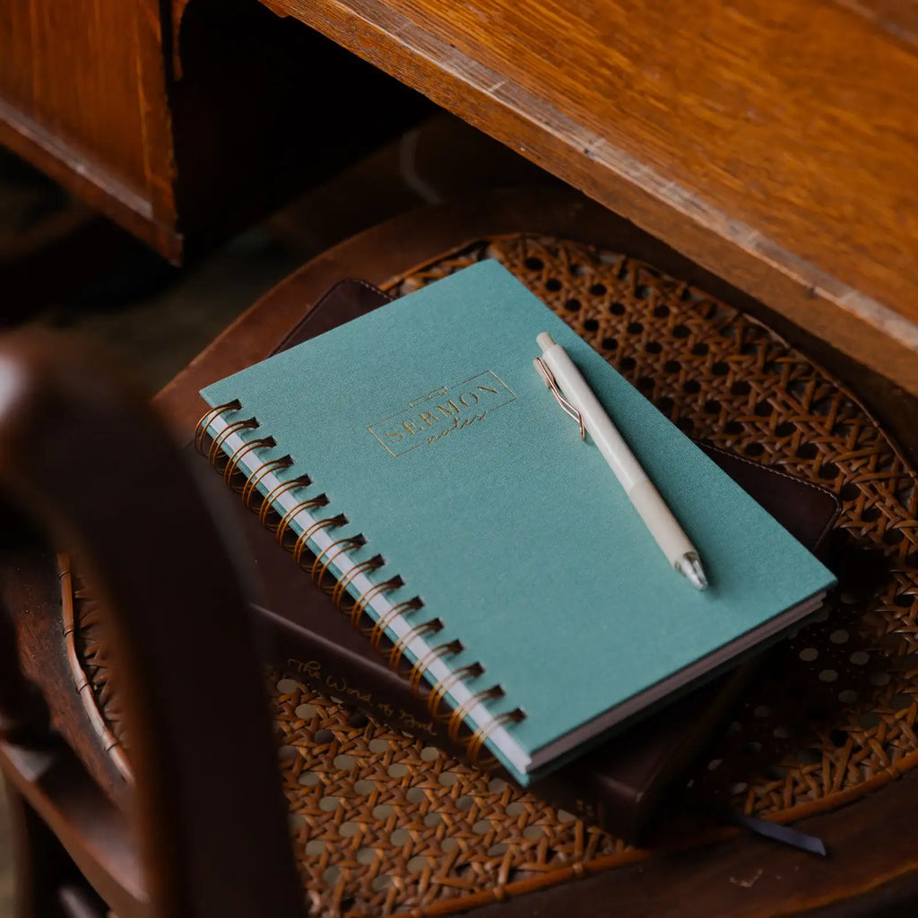 Sermon Notes Journal with Guided Prompts, Lay-Flat Spiral Binding, Ribbon Marker and Teal Linen-Wrapped Cover