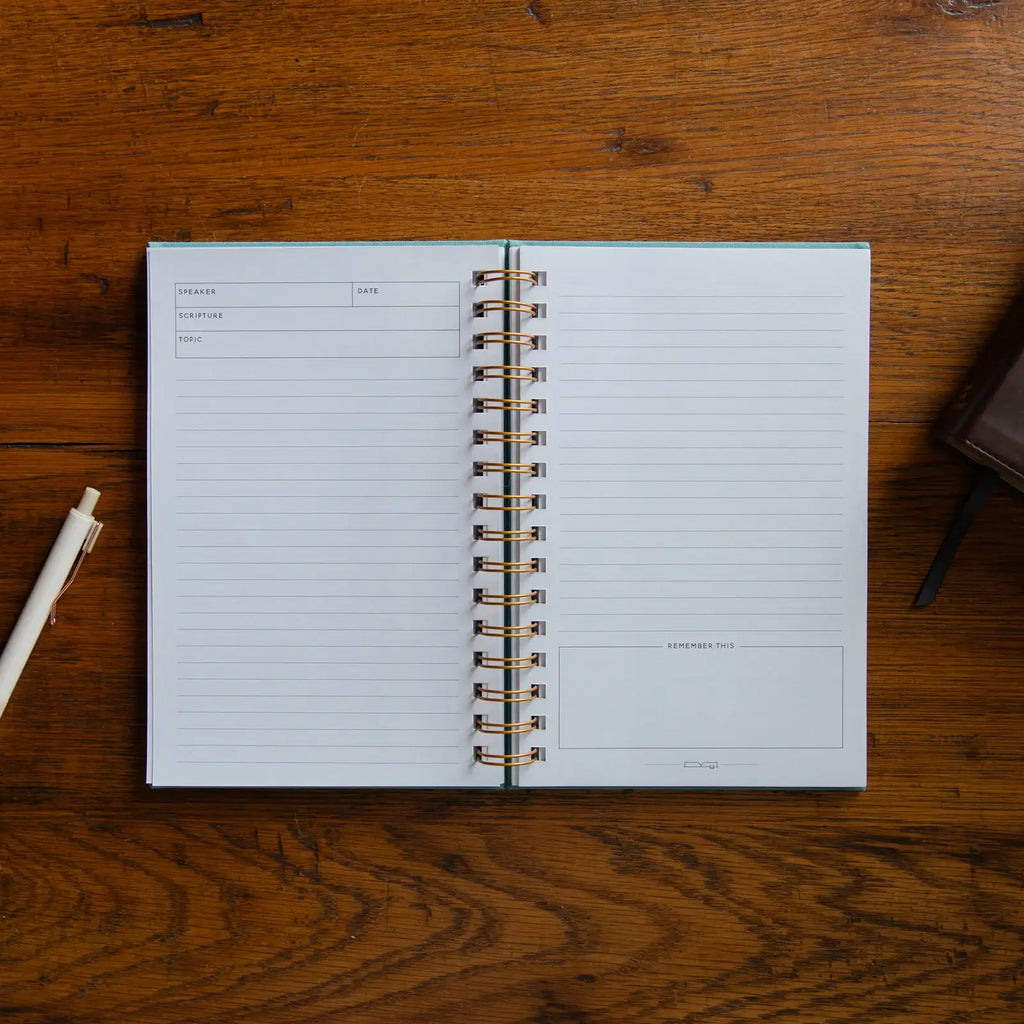 Sermon Notes Journal with Guided Prompts, Lay-Flat Spiral Binding, Ribbon Marker and Teal Linen-Wrapped Cover