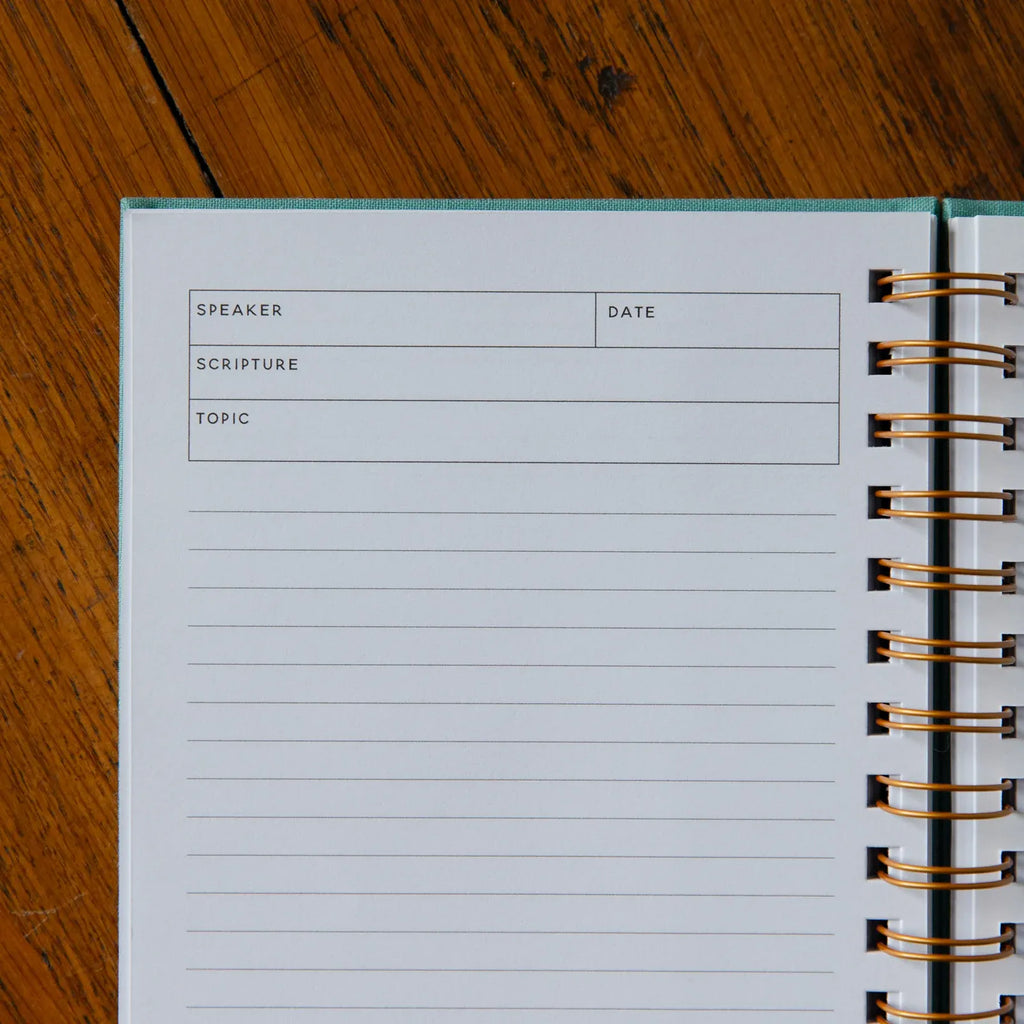 Sermon Notes Journal with Guided Prompts, Lay-Flat Spiral Binding, Ribbon Marker and Teal Linen-Wrapped Cover