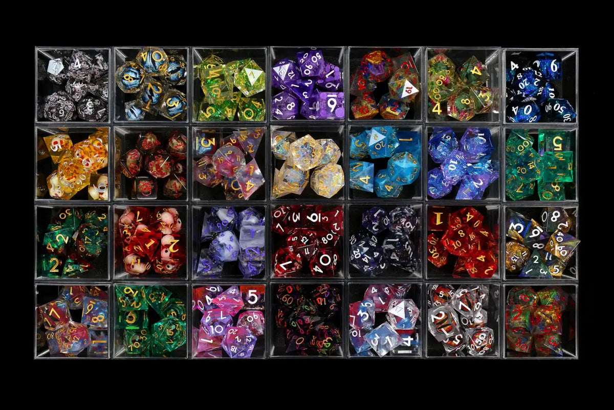 Sharp Edge Polyhedral Dice Set with Hand-Poured Resin Designs for Tabletop Role-Playing Games