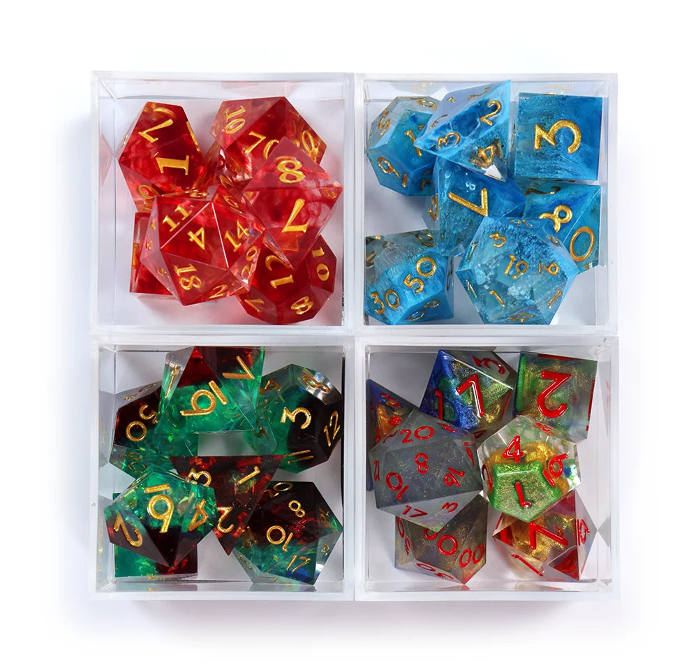 Sharp Edge Polyhedral Dice Set with Hand-Poured Resin Designs for Tabletop Role-Playing Games