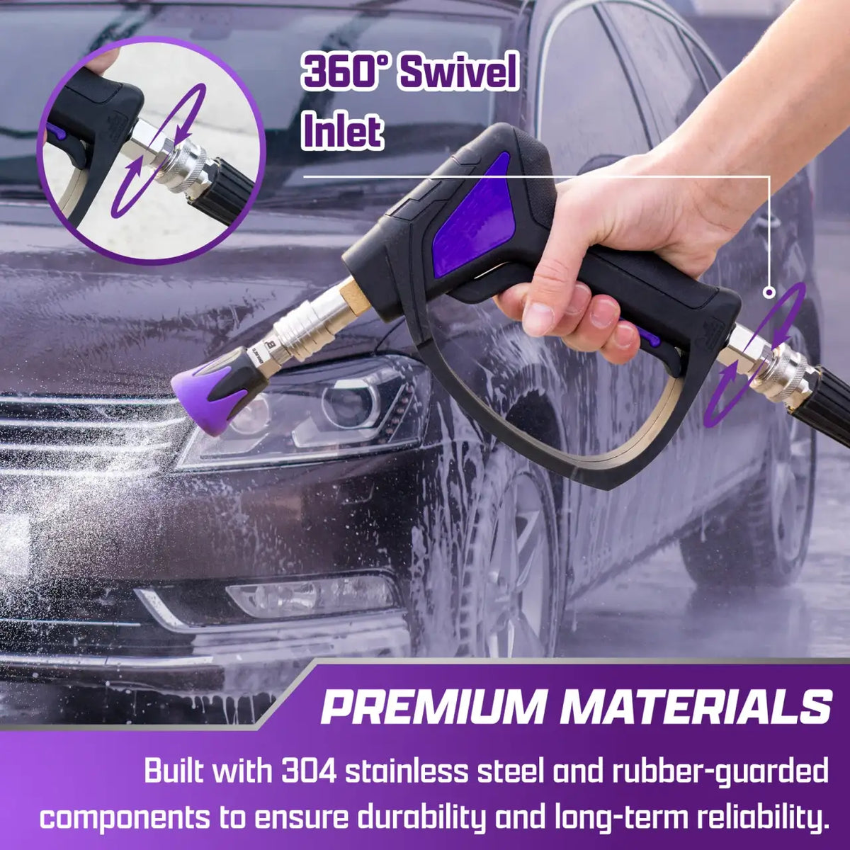 Short Pressure Washer Gun with a 360° Swivel Inlet and Easy-Pull Trigger for Car Detailing and Outdoor Cleaning