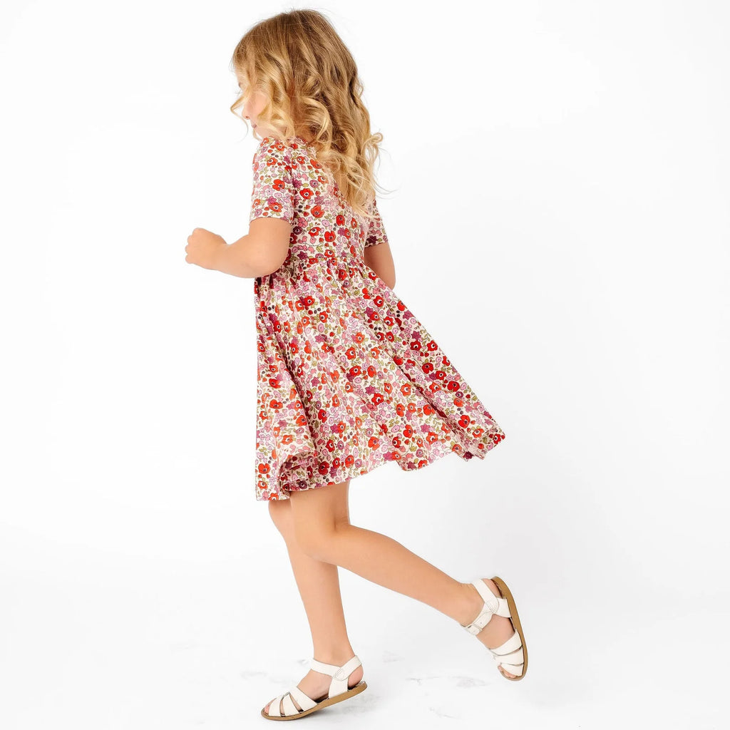 Short Sleeve Ballet Dress in Poppy Floral with a Twirling Circle Skirt and Soft Stretch Fabric