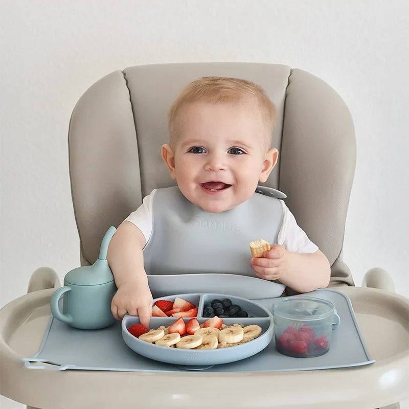 Silicone Baby Feeding Gift Set in Ether/Sky Blue with a Suction Bowl and Lidded Plate for First Meals