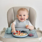 Silicone Baby Feeding Gift Set in Ether/Sky Blue with a Suction Bowl and Lidded Plate for First Meals
