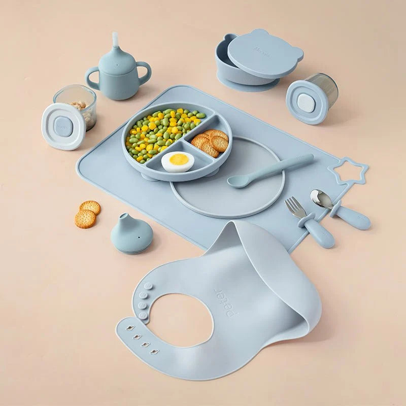 Silicone Baby Feeding Gift Set in Ether/Sky Blue with a Suction Bowl and Lidded Plate for First Meals