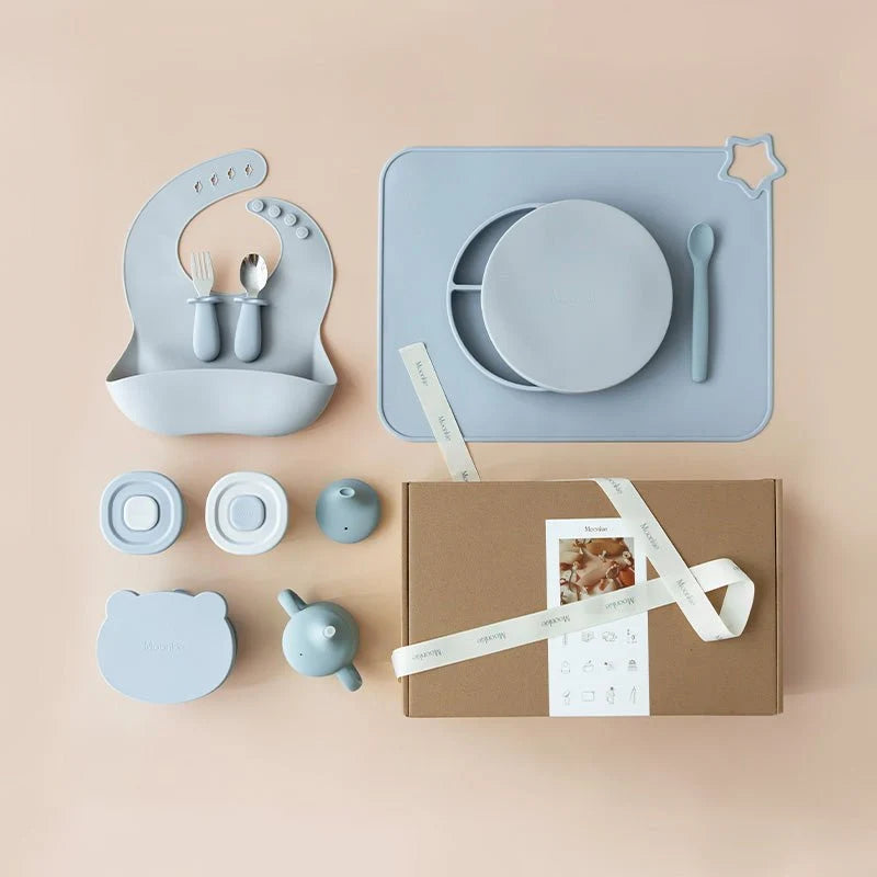 Silicone Baby Feeding Gift Set in Ether/Sky Blue with a Suction Bowl and Lidded Plate for First Meals