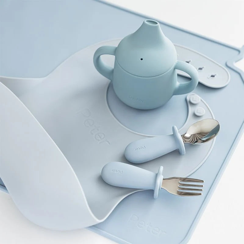 Silicone Baby Feeding Gift Set in Ether/Sky Blue with a Suction Bowl and Lidded Plate for First Meals