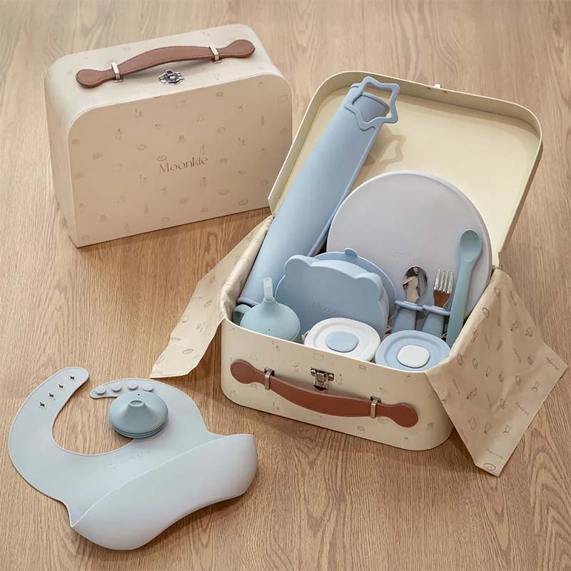 Silicone Baby Feeding Gift Set in Ether/Sky Blue with a Suction Bowl and Lidded Plate for First Meals