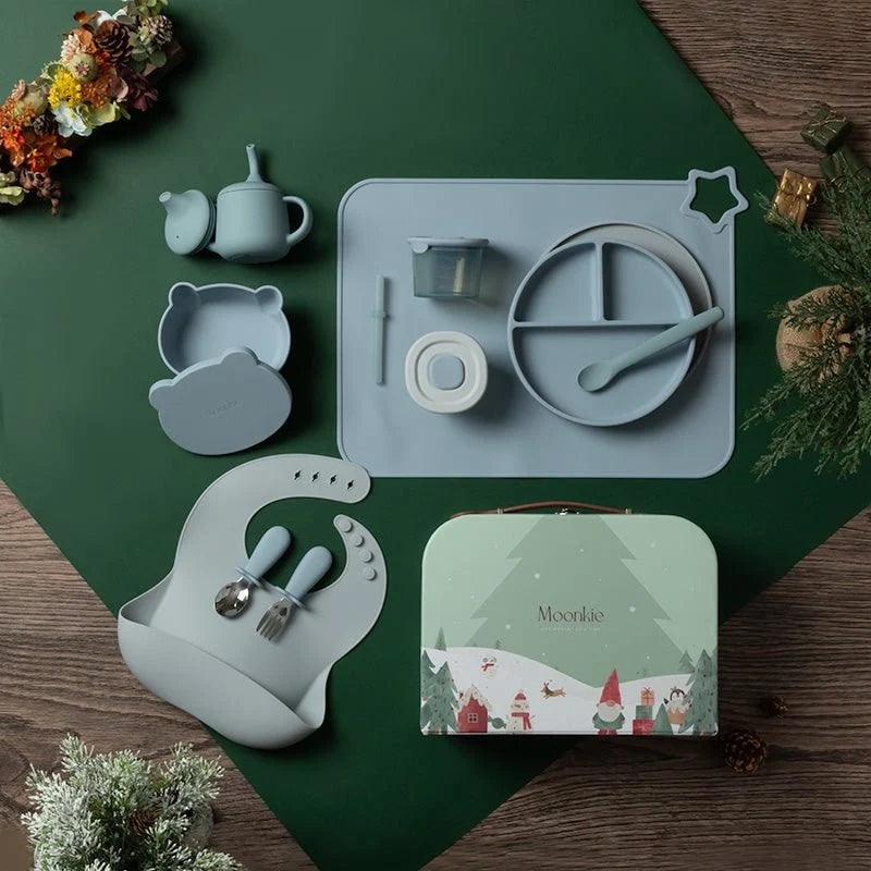 Silicone Baby Feeding Gift Set in Ether/Sky Blue with a Suction Bowl and Lidded Plate for First Meals