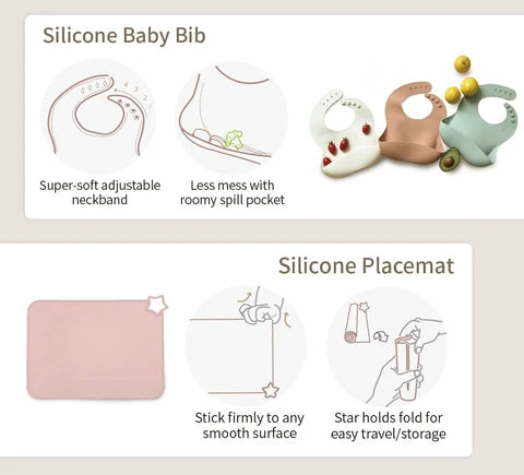 Silicone Baby Feeding Gift Set in Ether/Sky Blue with a Suction Bowl and Lidded Plate for First Meals
