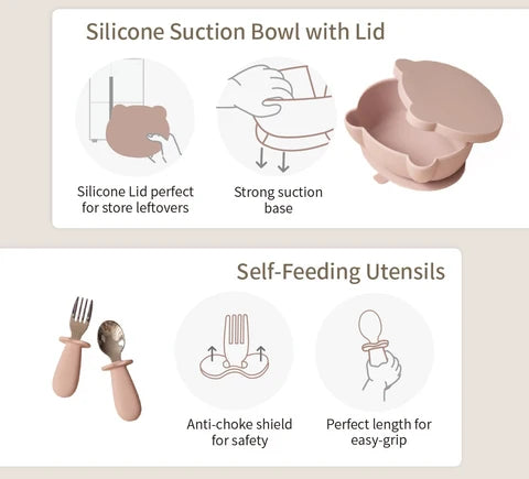 Silicone Baby Feeding Gift Set in Ether/Sky Blue with a Suction Bowl and Lidded Plate for First Meals