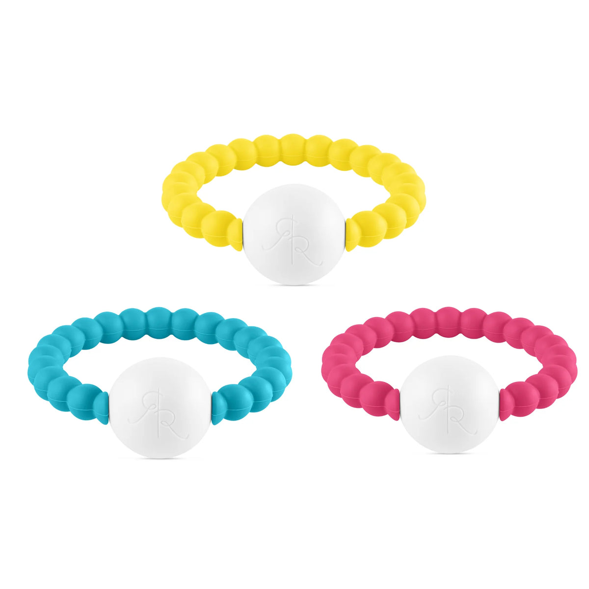 Silicone Baby Teether Rattle 3-Pack in Multiple Colors for Teething and Early Sensory Play — 3 Pack Canary
