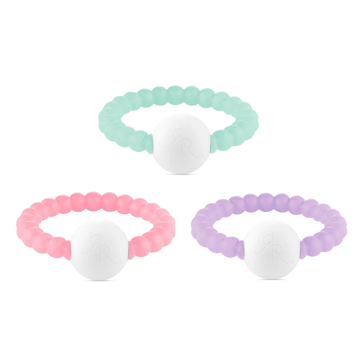 Silicone Baby Teether Rattle 3-Pack in Multiple Colors for Teething and Early Sensory Play — 3 Pack Coastal Clear
