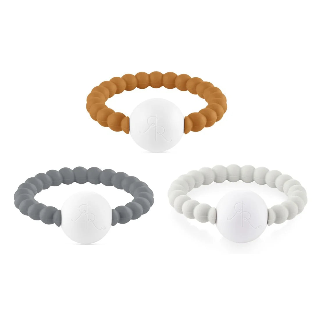 Silicone Baby Teether Rattle 3-Pack in Multiple Colors for Teething and Early Sensory Play — 3 Pack Sandstone