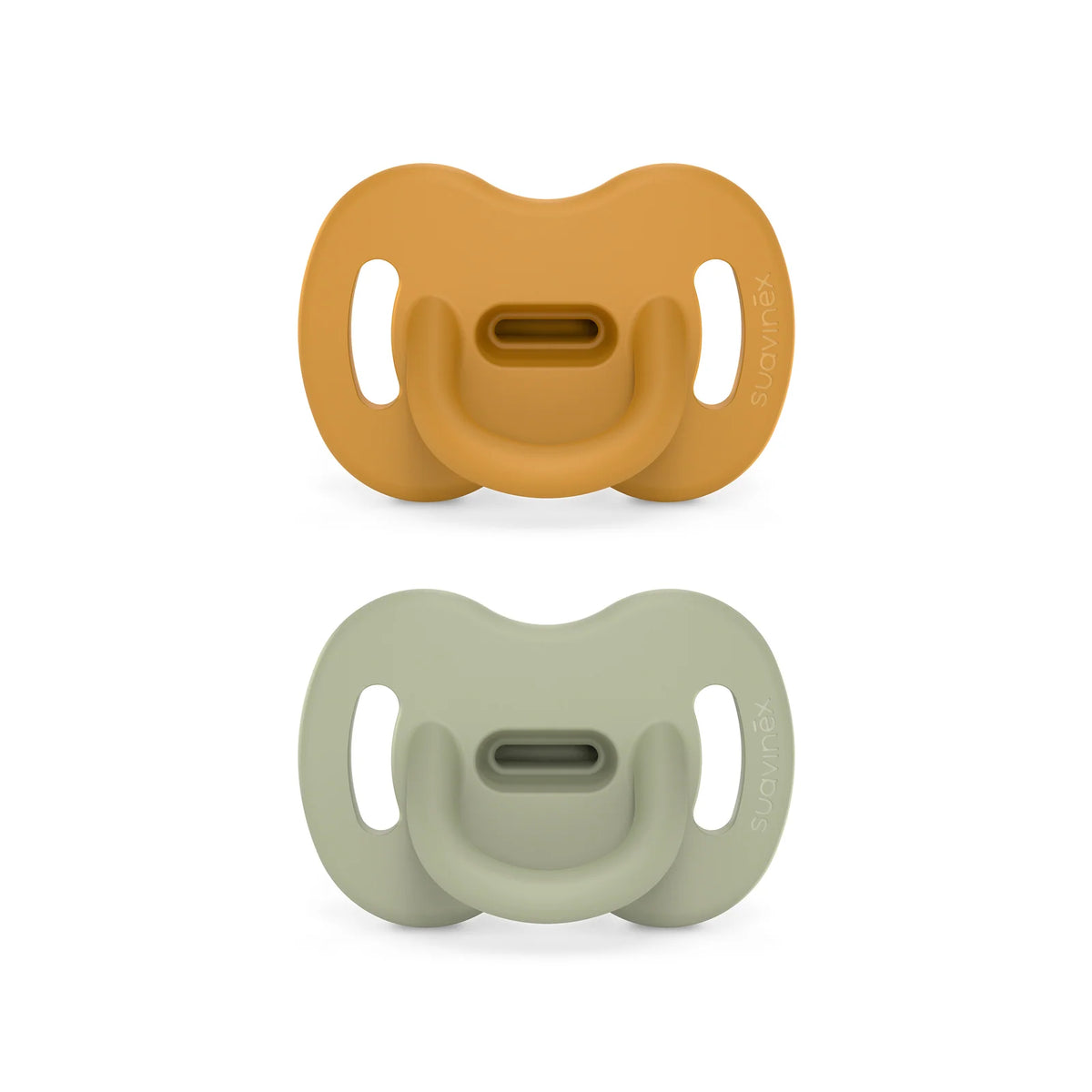 Silicone Pacifier 2 Pack with a Reversible Physiological Nipple and Soft Single-Piec — Bright Mustard / Jungle Green / 6-18mo