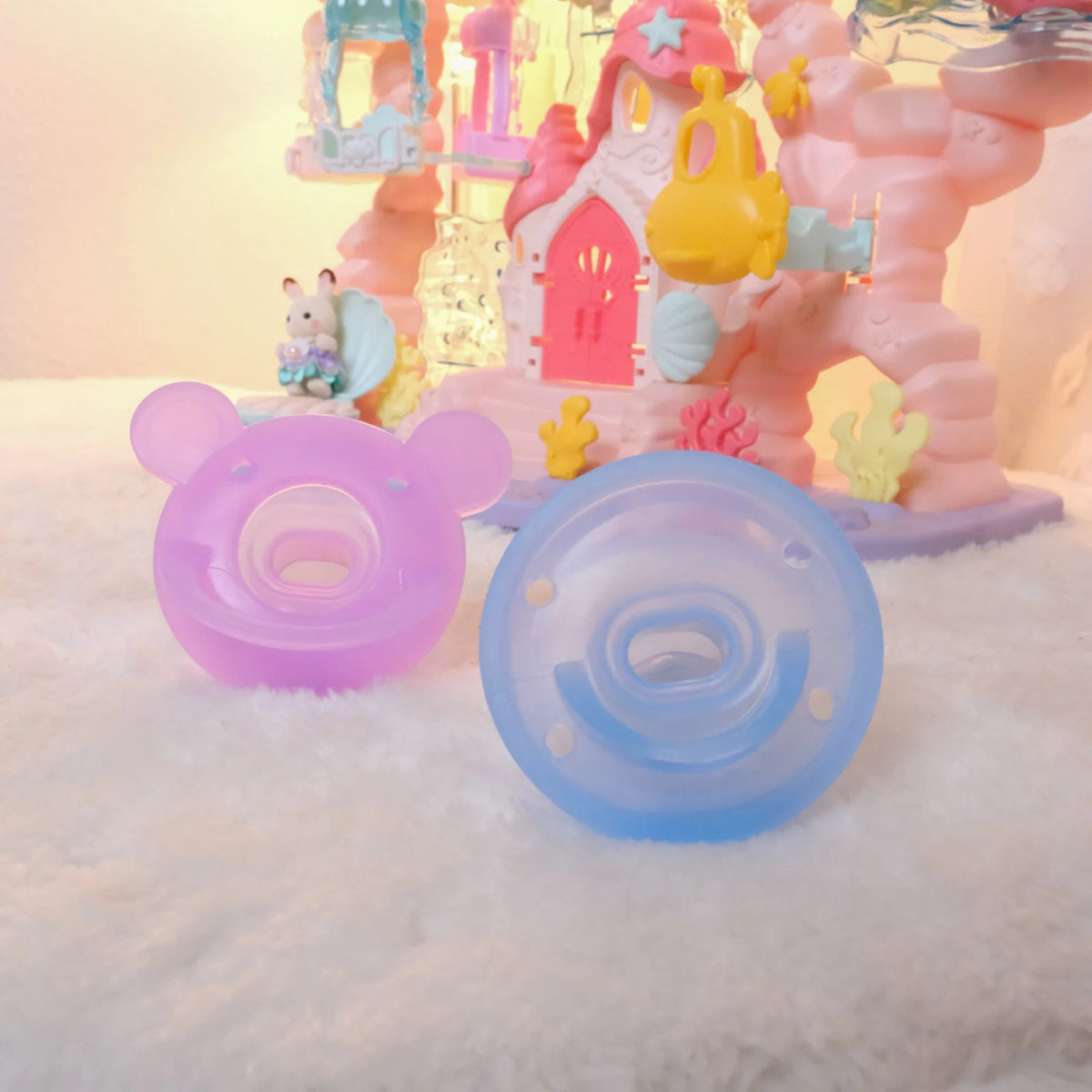 Silicone Pacifier Bundle in Purple Bear and Blue Button Designs with Soft Shields and Classic Teats