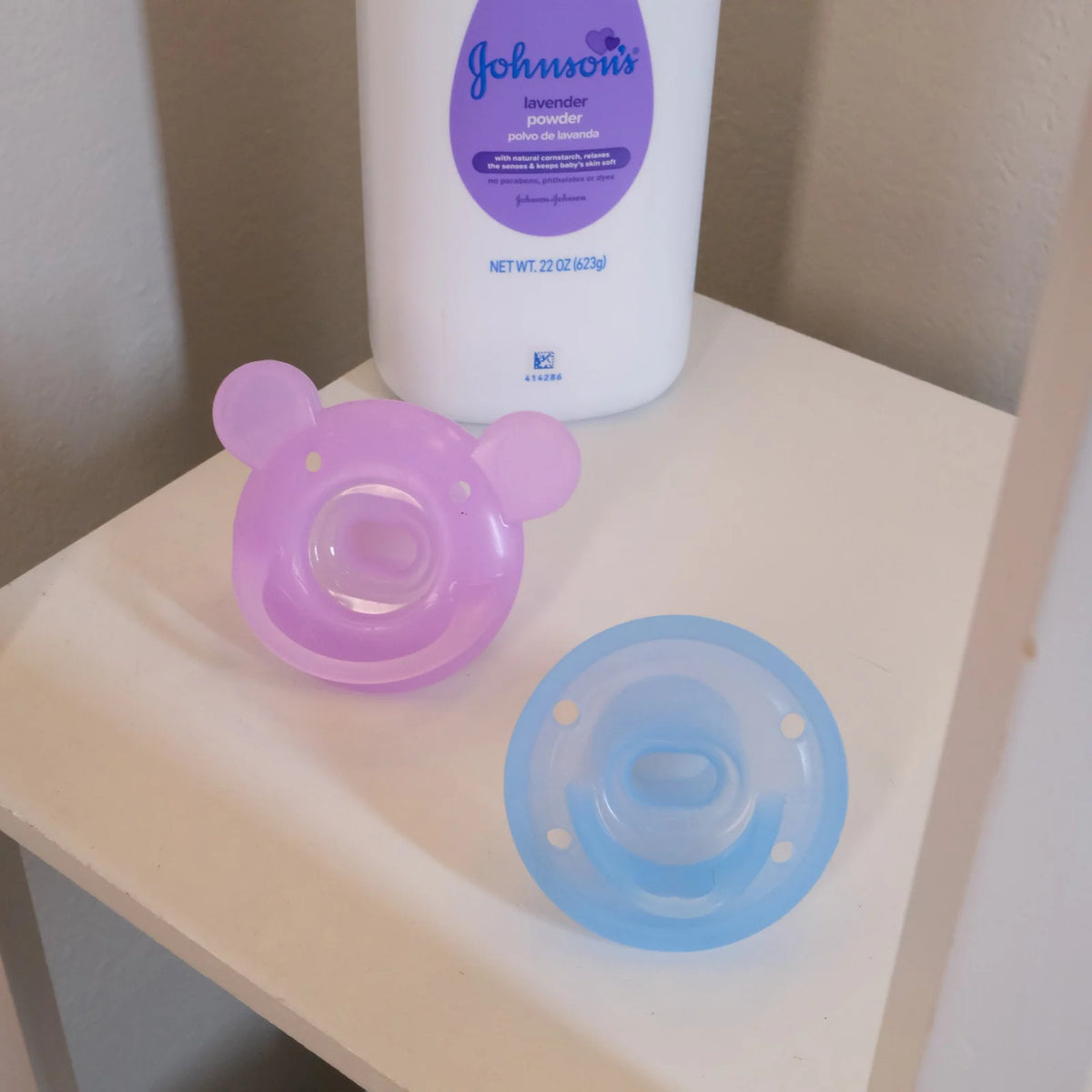 Silicone Pacifier Bundle in Purple Bear and Blue Button Designs with Soft Shields and Classic Teats