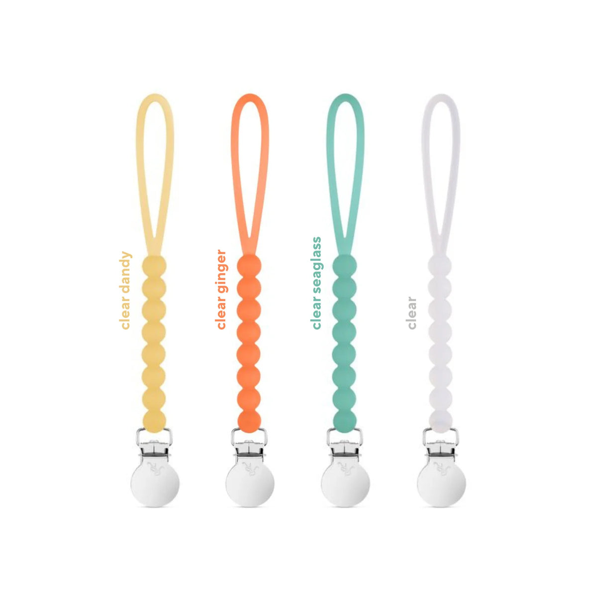 Silicone Pacifier Clips, 4 Pack of Lightweight One-Piece Holders for Keeping Pacifiers Within Reach — Clear Dandy 4 Pack