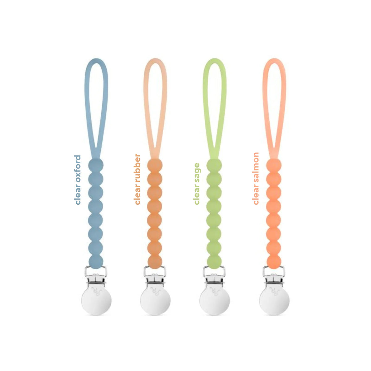 Silicone Pacifier Clips, 4 Pack of Lightweight One-Piece Holders for Keeping Pacifiers Within Reach — Clear Oxford 4 Pack