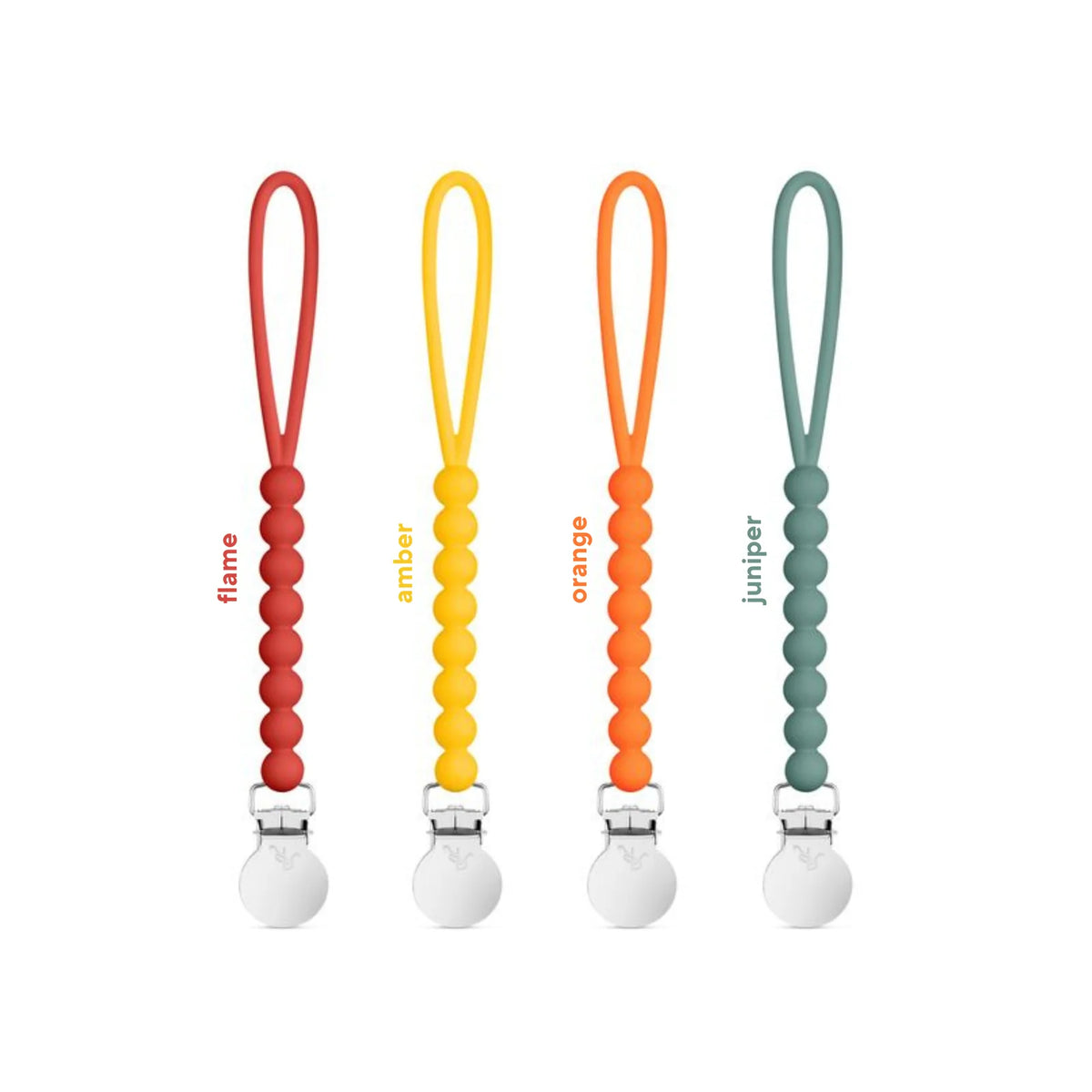 Silicone Pacifier Clips, 4 Pack of Lightweight One-Piece Holders for Keeping Pacifiers Within Reach — Flame 4 Pack