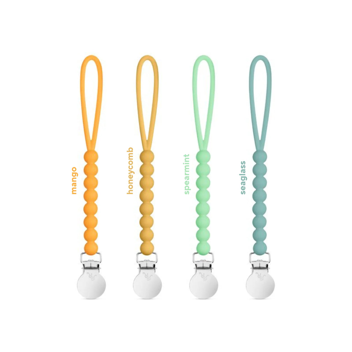 Silicone Pacifier Clips, 4 Pack of Lightweight One-Piece Holders for Keeping Pacifiers Within Reach — Mango 4 Pack