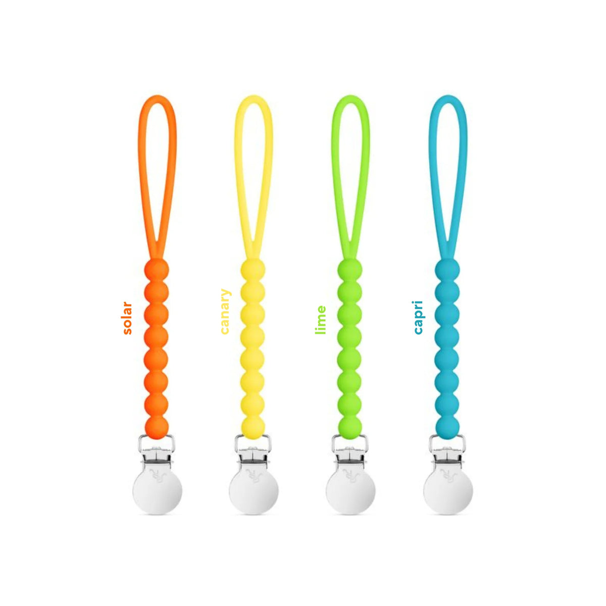 Silicone Pacifier Clips, 4 Pack of Lightweight One-Piece Holders for Keeping Pacifiers Within Reach — Solar 4 Pack