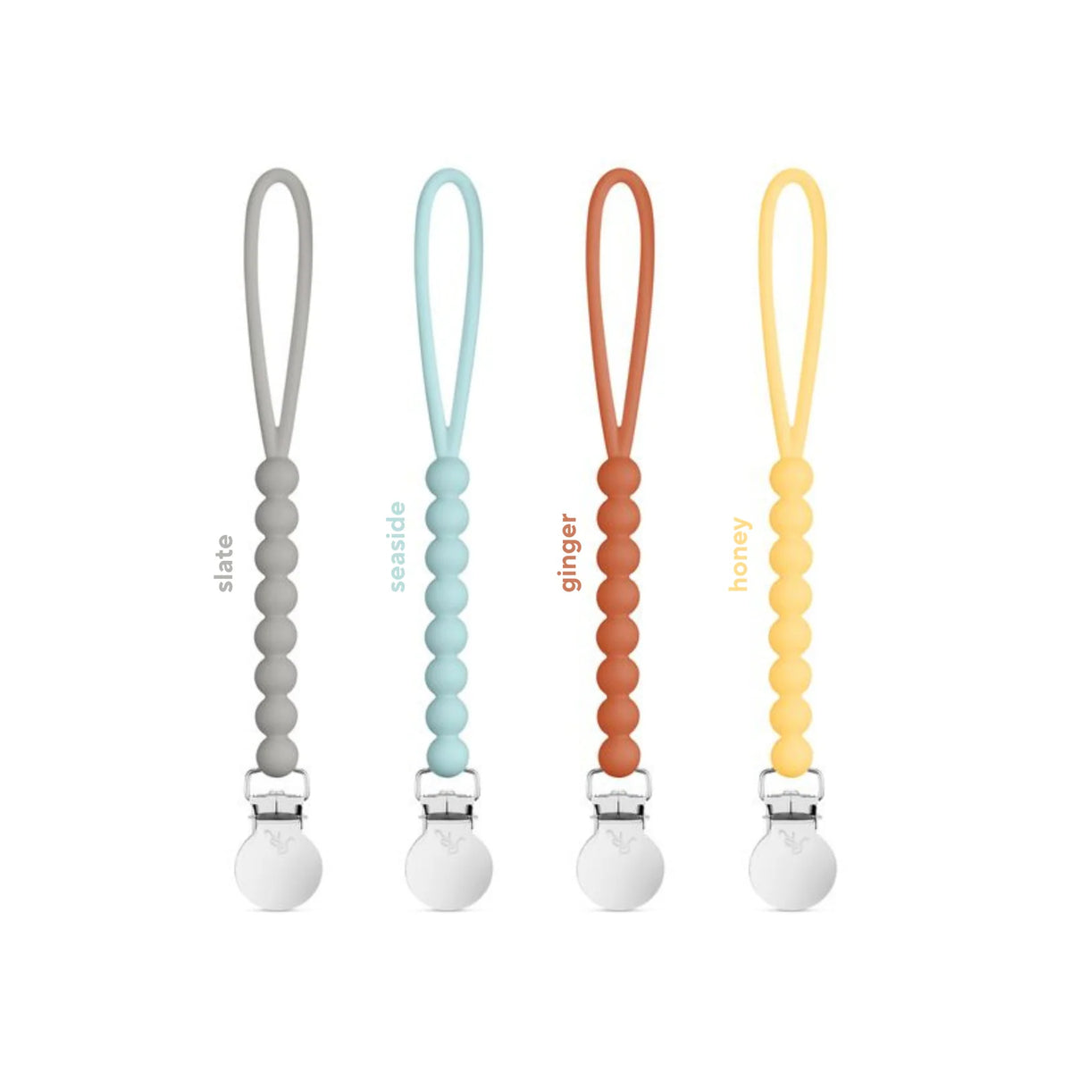 Silicone Pacifier Clips, 4 Pack of Lightweight One-Piece Holders for Keeping Pacifiers Within Reach — Slate 4 Pack